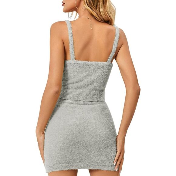 Cnkwei Gray Fuzzy Knit Sleeveless Crop Top Mini Skirt Loungewear Set Sz S - Picture 4 of 7